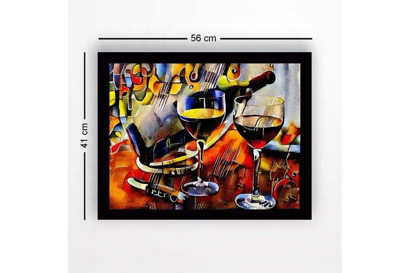 Inramad Canvastavla i trä - 41x56 cm - Vinkaraff och glas med vin i en livlig komposition - Guld / Röd / Blå - Inredning & dekor - Tavlor & konst
