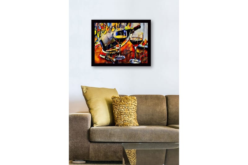 Inramad Canvastavla i trä - 41x56 cm - Vinkaraff och glas med vin i en livlig komposition - Guld / Röd / Blå - Inredning & dekor - Tavlor & konst