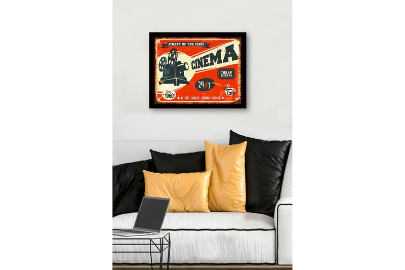 Inramad Canvastavla i trä - 41x56 cm - Vintage affisch för biograf med filmprojektor - Röd / Svart / Beige - Inredning & dekor - Tavlor & konst