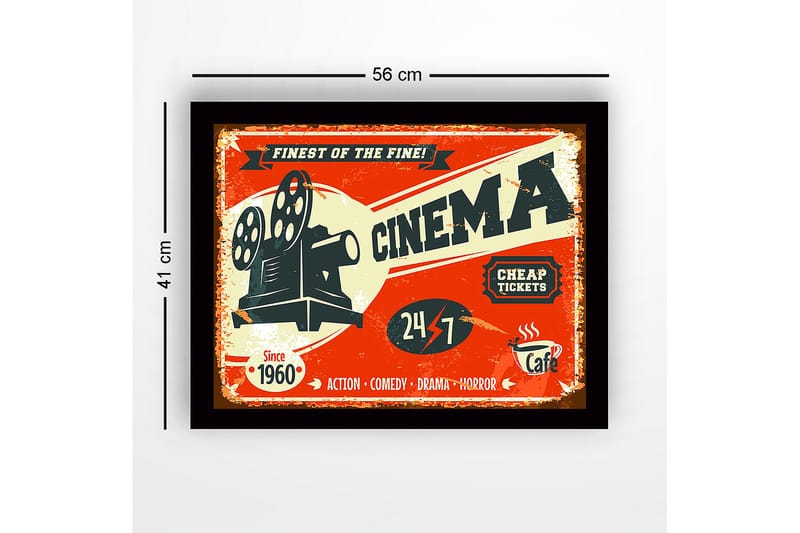 Inramad Canvastavla i trä - 41x56 cm - Vintage affisch för biograf med filmprojektor - Röd / Svart / Beige - Inredning & dekor - Tavlor & konst