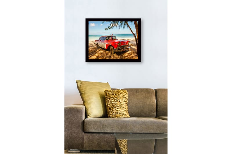 Inramad Canvastavla i trä - 41x56 cm - Vintage bil vid stranden med en tropisk bakgrund - Röd / Grå / Svart - Inredning & dekor - Tavlor & konst