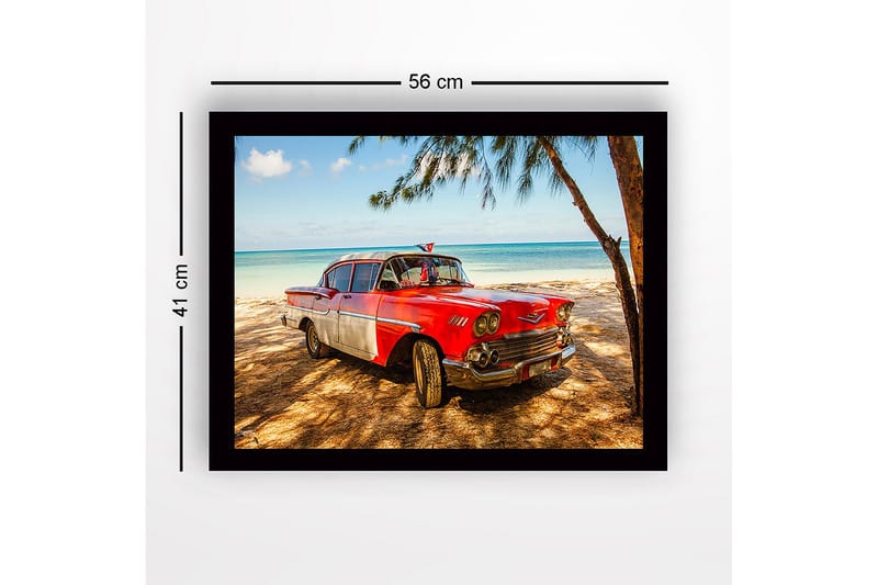 Inramad Canvastavla i trä - 41x56 cm - Vintage bil vid stranden med en tropisk bakgrund - Röd / Grå / Svart - Inredning & dekor - Tavlor & konst
