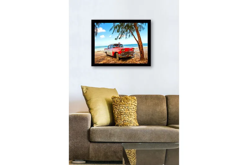 Inramad Canvastavla i trä - 41x56 cm - Vintage bil vid stranden med palmer i bakgrunden - Röd / Vit / Grå - Inredning & dekor - Tavlor & konst