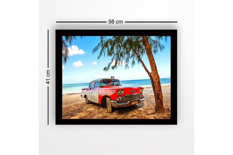 Inramad Canvastavla i trä - 41x56 cm - Vintage bil vid stranden med palmer i bakgrunden - Röd / Vit / Grå - Inredning & dekor - Tavlor & konst