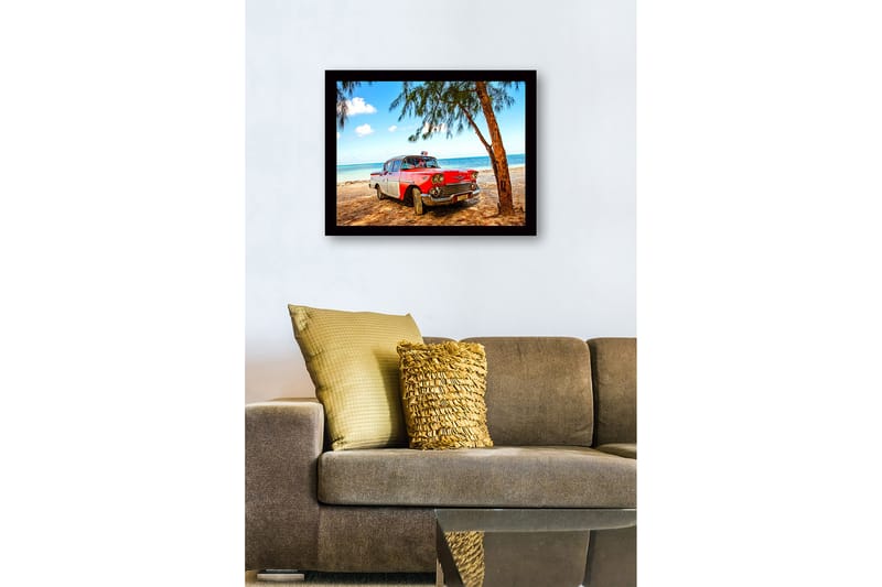 Inramad Canvastavla i trä - 41x56 cm - Vintage bil vid stranden med palmer i bakgrunden - Röd / Vit / Grå - Inredning & dekor - Tavlor & konst