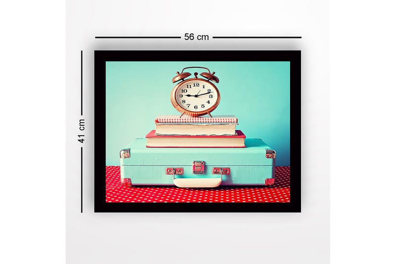 Inramad Canvastavla i trä - 41x56 cm - Vintage klocka på staplade böcker ovanpå en resväska - Turkos / Röd / Vit - Inredning & dekor - Tavlor & konst