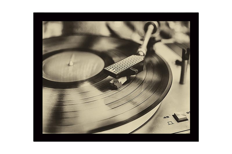 Inramad Canvastavla i trä - 41x56 cm - Vintage skivspelare med snurrande skiva - Svart / Brunt / Guld - Inredning & dekor - Tavlor & konst