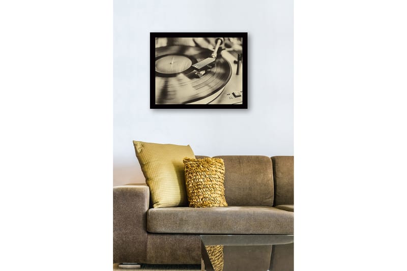 Inramad Canvastavla i trä - 41x56 cm - Vintage skivspelare med snurrande skiva - Svart / Brunt / Guld - Inredning & dekor - Tavlor & konst