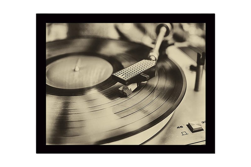 Inramad Canvastavla i trä - 41x56 cm - Vintage skivspelare med snurrande skiva - Svart / Brunt / Guld - Inredning & dekor - Tavlor & konst