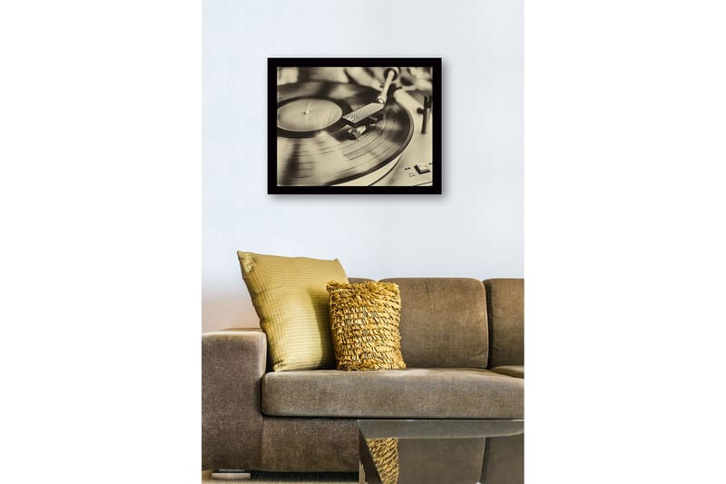 Inramad Canvastavla i trä - 41x56 cm - Vintage skivspelare med snurrande skiva - Svart / Brunt / Guld - Inredning & dekor - Tavlor & konst