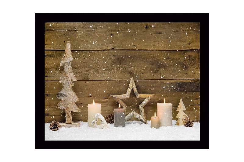 Inramad Canvastavla i trä - 41x56 cm - Vinterlandskap med dekorationer av träd och ljus, Vit / Beige / Brun