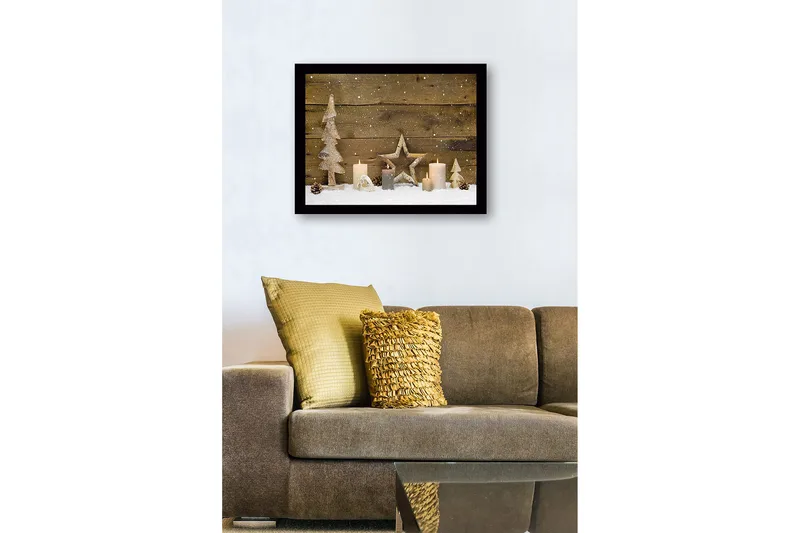 Inramad Canvastavla i trä - 41x56 cm - Vinterlandskap med dekorationer av träd och ljus - Vit / Beige / Brun - Inredning & dekor - Tavlor & konst