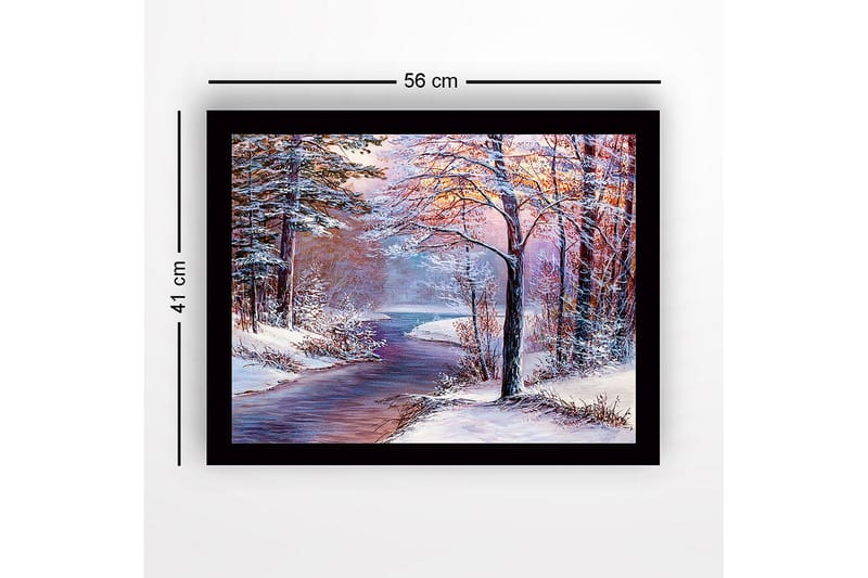 Inramad Canvastavla i trä - 41x56 cm - Vinterlandskap med en fridfull flod och snöklädda träd - Blå / Vit / Rosa - Inredning & dekor - Tavlor & konst