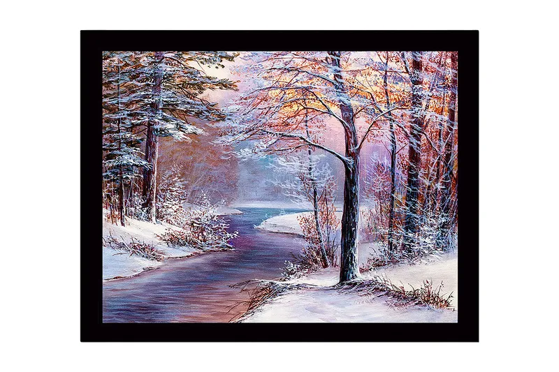 Inramad Canvastavla i trä - 41x56 cm - Vinterlandskap med en fridfull flod och snöklädda träd, Blå / Vit / Rosa