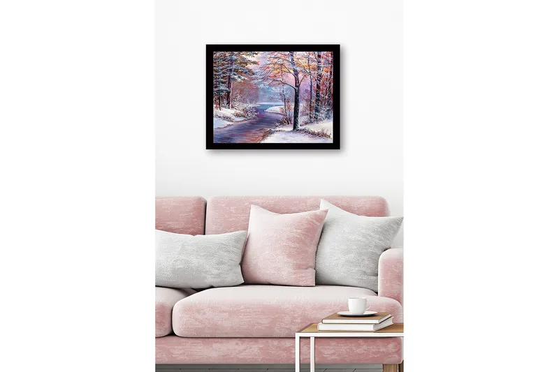 Inramad Canvastavla i trä - 41x56 cm - Vinterlandskap med en fridfull flod och snöklädda träd - Blå / Vit / Rosa - Inredning & dekor - Tavlor & konst