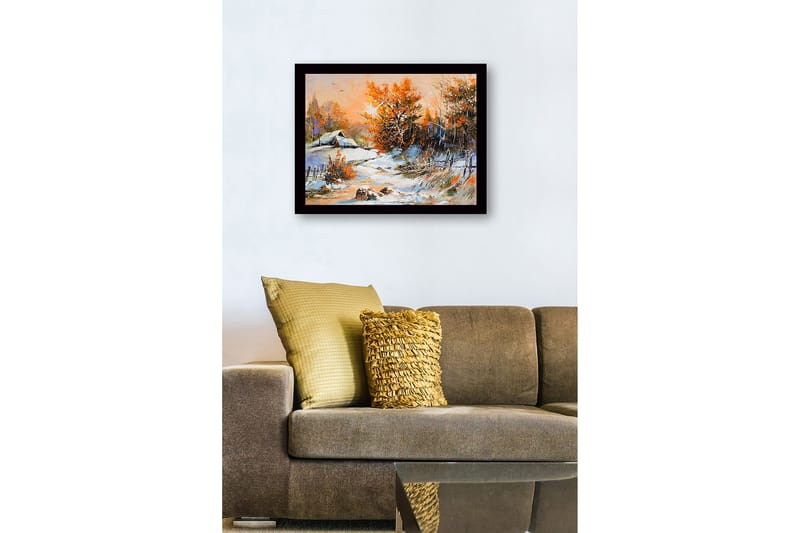 Inramad Canvastavla i trä - 41x56 cm - Vinterlandskap med snöklädda träd och en stuga i bakgrunden - Orange / Vit / Blå - Inredning & dekor - Tavlor & konst