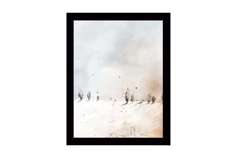Inramad Canvastavla i trä - 41x56 cm - Vinterlandskap med snöklädda träd, Vit / Ljusgrå / Beige