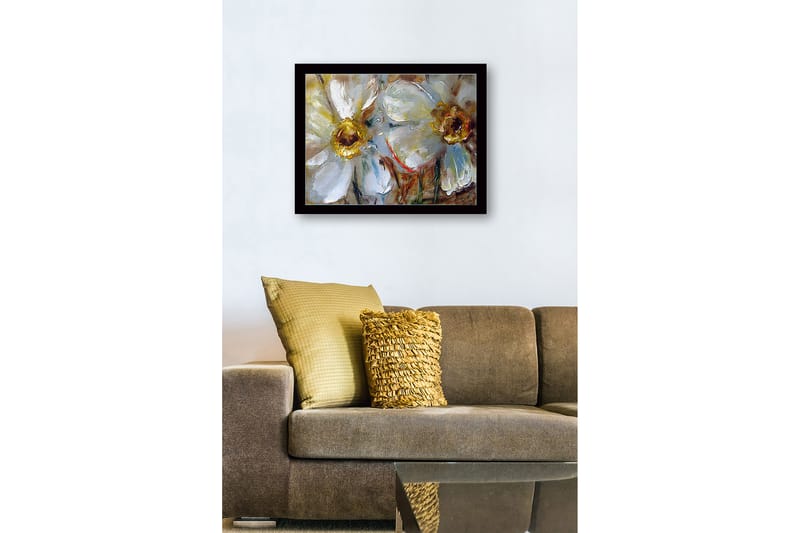 Inramad Canvastavla i trä - 41x56 cm - Vita blommor med gyllene mittpartier - Vit / Guld / Grön - Inredning & dekor - Tavlor & konst