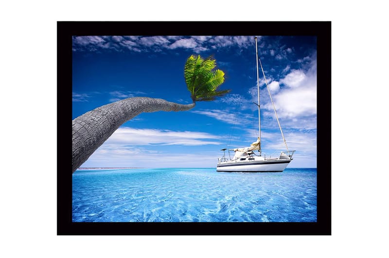 Inramad Canvastavla i trä - 41x56 cm - Palmträd som sträcker sig över en segelbåt i klart blått vatten, Blå / Grön / Vit