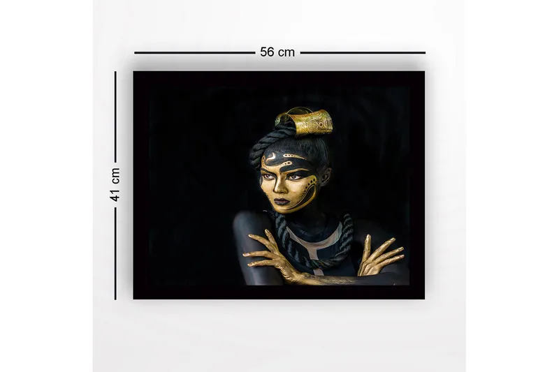 Inramad Canvastavla i trä - 41x56 cm - Porträtt av en kvinna med guldsmink och detaljerade mönster - Guld / Svart - Inredning & dekor - Tavlor & konst