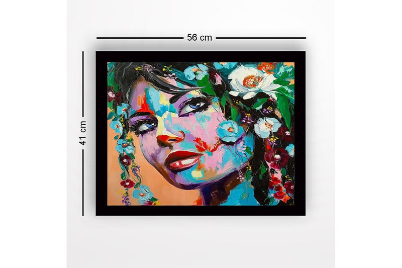 Inramad Canvastavla i trä - 41x56 cm - Porträtt av en kvinna med blomsterdekorationer i håret - Blå / Grön / Röd - Inredning & dekor - Tavlor & konst