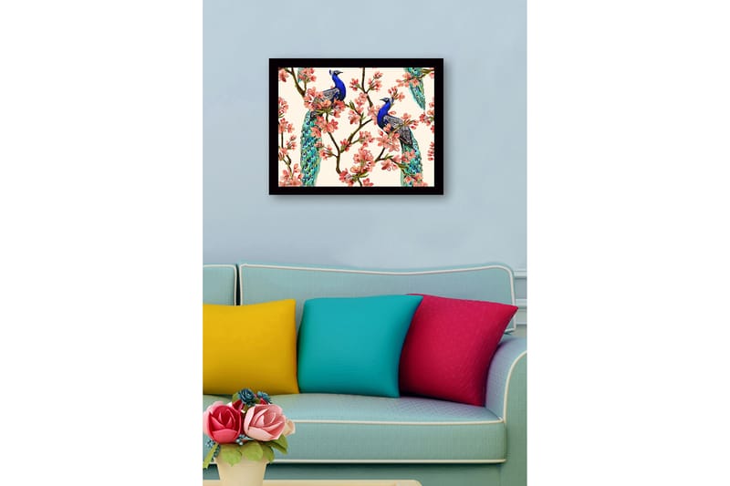 Inramad Canvastavla i trä - 41x56 cm - Påfåglar som sitter bland blommiga grenar - Blå / Rosa / Grön - Inredning & dekor - Tavlor & konst