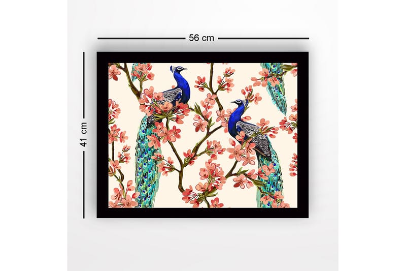Inramad Canvastavla i trä - 41x56 cm - Påfåglar som sitter bland blommiga grenar - Blå / Rosa / Grön - Inredning & dekor - Tavlor & konst