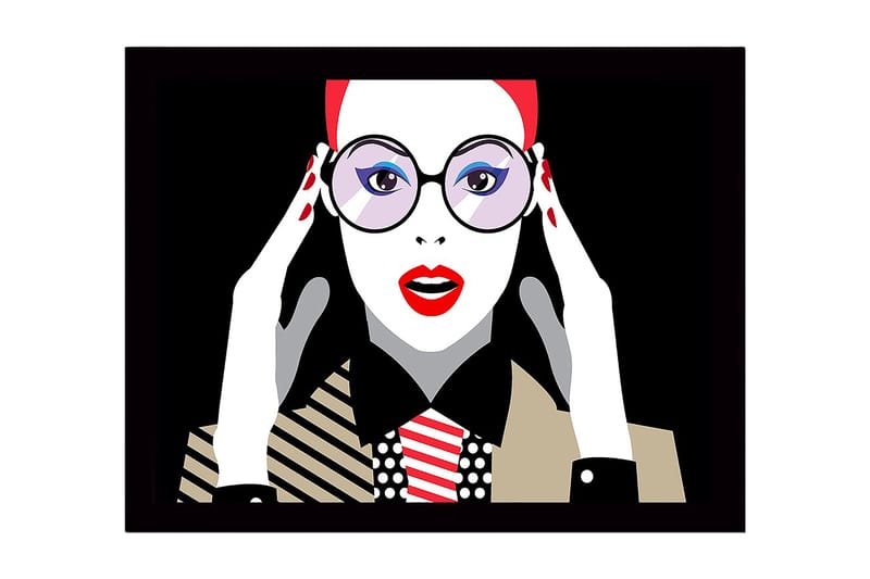 Inramad Canvastavla i trä - 41x56 cm - Porträtt av en kvinna med stora glasögon och röd läppstift - Röd / Svart / Vit - Inredning & dekor - Tavlor & konst