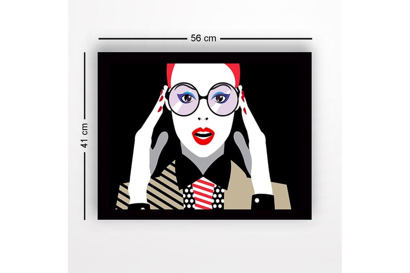 Inramad Canvastavla i trä - 41x56 cm - Porträtt av en kvinna med stora glasögon och röd läppstift - Röd / Svart / Vit - Inredning & dekor - Tavlor & konst