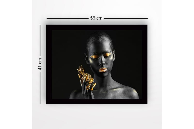 Inramad Canvastavla i trä - 41x56 cm - Porträtt av en kvinna med svart hud och guldiga detaljer som håller en ananas - Svart / Guld - Inredning & dekor - Tavlor & konst