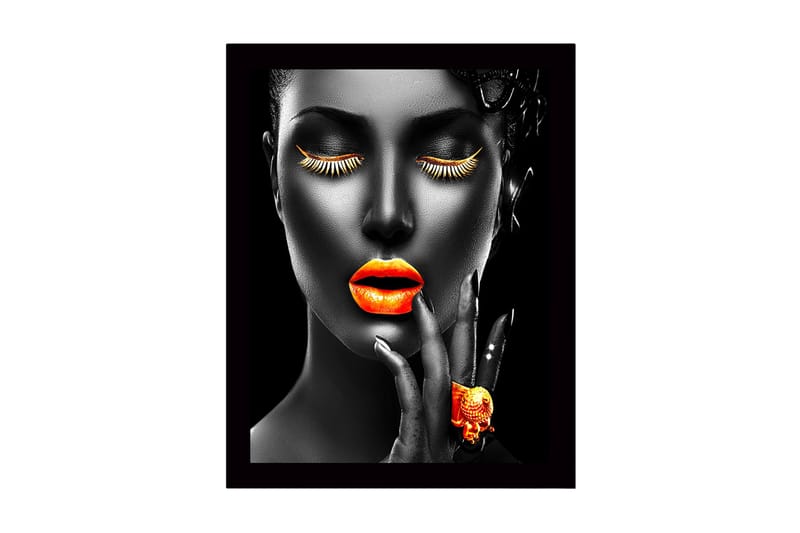 Inramad Canvastavla i trä - 41x56 cm - Porträtt av en kvinna med starka färger på läppar och ögonfransar - Orange / Svart - Inredning & dekor - Tavlor & konst