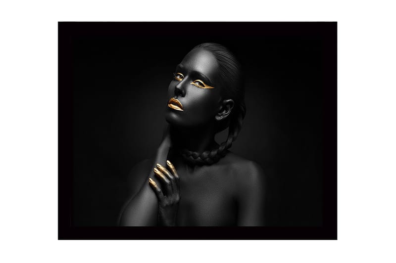 Inramad Canvastavla i trä - 41x56 cm - Porträtt av en kvinna med svart hud och guldiga detaljer - Svart / Guld - Inredning & dekor - Tavlor & konst
