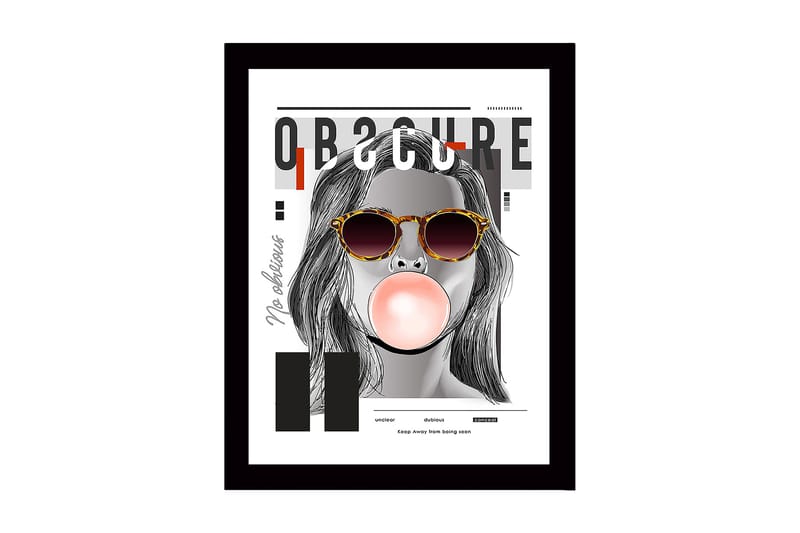 Inramad Canvastavla i trä - 41x56 cm - Porträtt av en kvinna med solglasögon som blåser bubbelgum, Grå / Svart / Beige