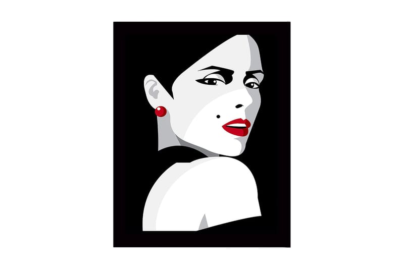 Inramad Canvastavla i trä - 41x56 cm - Porträtt av en kvinna med dramatisk blick och röd läppstift - Röd / Svart / Grå - Inredning & dekor - Tavlor & konst