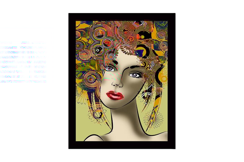 Inramad Canvastavla i trä - 41x56 cm - Porträtt av en kvinna med färgglad frisyr och starka drag - Röd / Gul / Grön - Inredning & dekor - Tavlor & konst