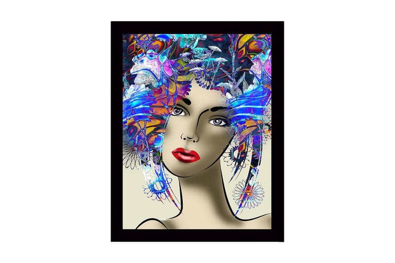 Inramad Canvastavla i trä - 41x56 cm - Porträtt av en kvinna med färgglad frisyr och starka drag - Blå / Röd / Lila - Inredning & dekor - Tavlor & konst