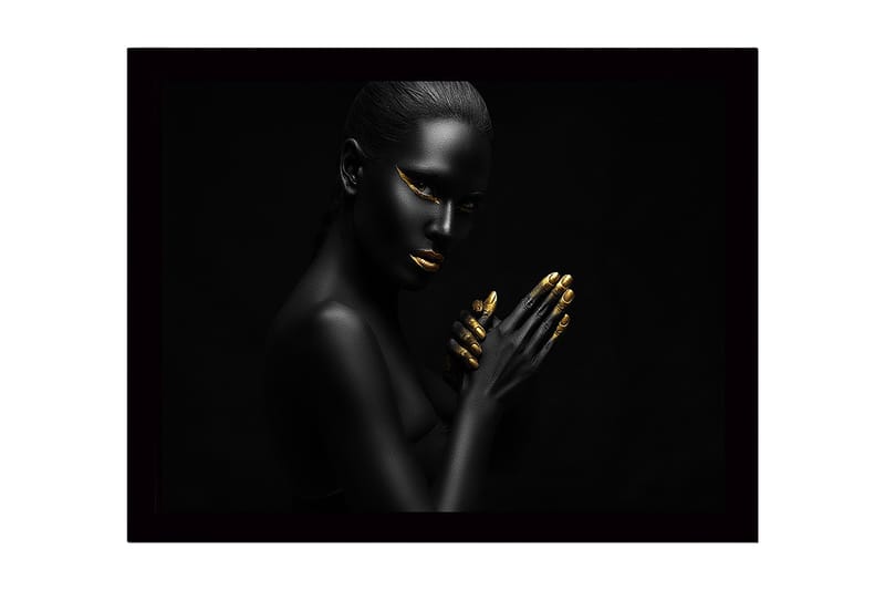 Inramad Canvastavla i trä - 41x56 cm - Porträtt av en kvinna med svart hud och guldiga detaljer - Svart / Guld - Inredning & dekor - Tavlor & konst