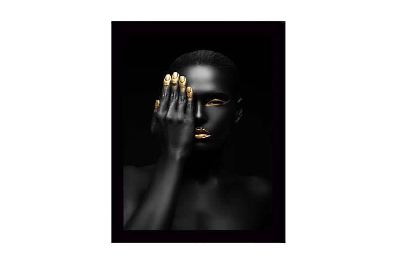 Inramad Canvastavla i trä - 41x56 cm - Porträtt av en kvinna med en hand som täcker halva ansiktet - Svart / Guld - Inredning & dekor - Tavlor & konst