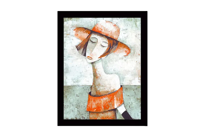 Inramad Canvastavla i trä - 41x56 cm - Porträtt av en kvinna med hatt och röd-orange klädsel - Grön / Röd-orange / Beige - Inredning & dekor - Tavlor & konst
