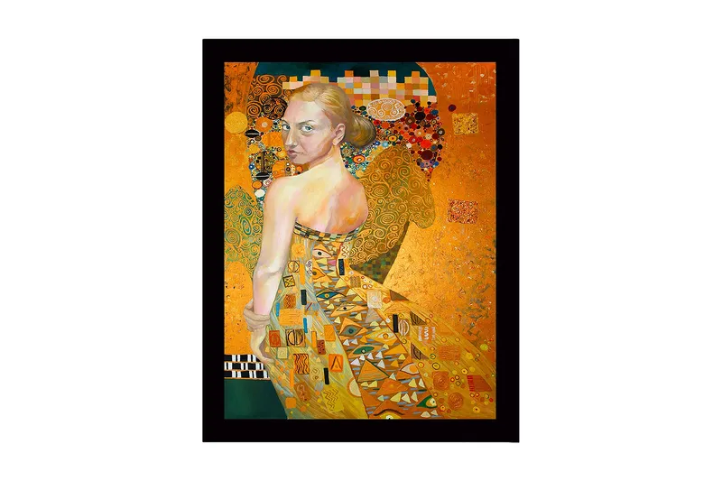 Inramad Canvastavla i trä - 41x56 cm - Porträtt av en kvinna med en gyllene klänning och detaljerade mönster - Guld / Beige / Grön - Inredning & dekor - Tavlor & konst
