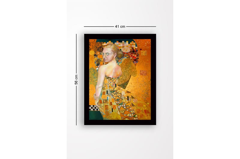 Inramad Canvastavla i trä - 41x56 cm - Porträtt av en kvinna med en gyllene klänning och detaljerade mönster - Guld / Beige / Grön - Inredning & dekor - Tavlor & konst