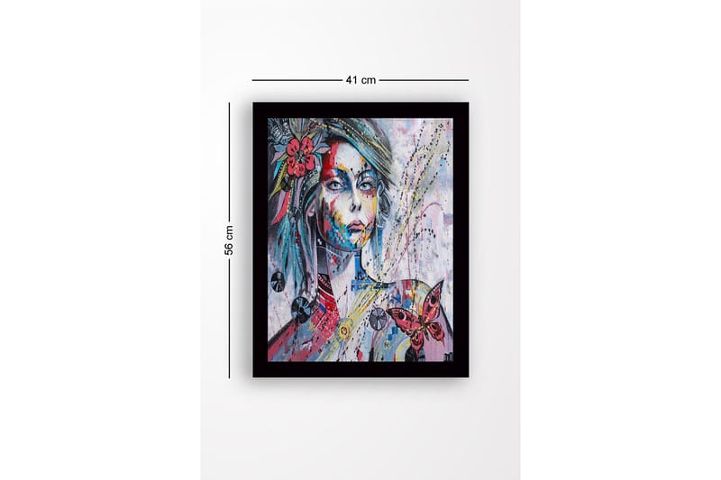 Inramad Canvastavla i trä - 41x56 cm - Porträtt av en kvinna med färgglada detaljer och en fjäril - Rosa / Blå / Gul - Inredning & dekor - Tavlor & konst