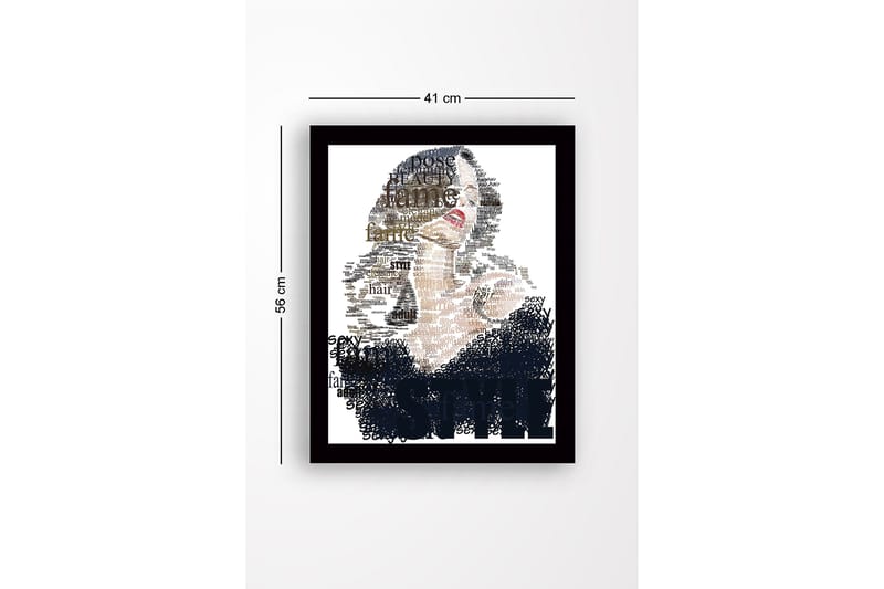 Inramad Canvastavla i trä - 41x56 cm - Porträtt av en kvinna omgiven av ord som beskriver skönhet och stil - Svart / Beige / Brun - Inredning & dekor - Tavlor & konst