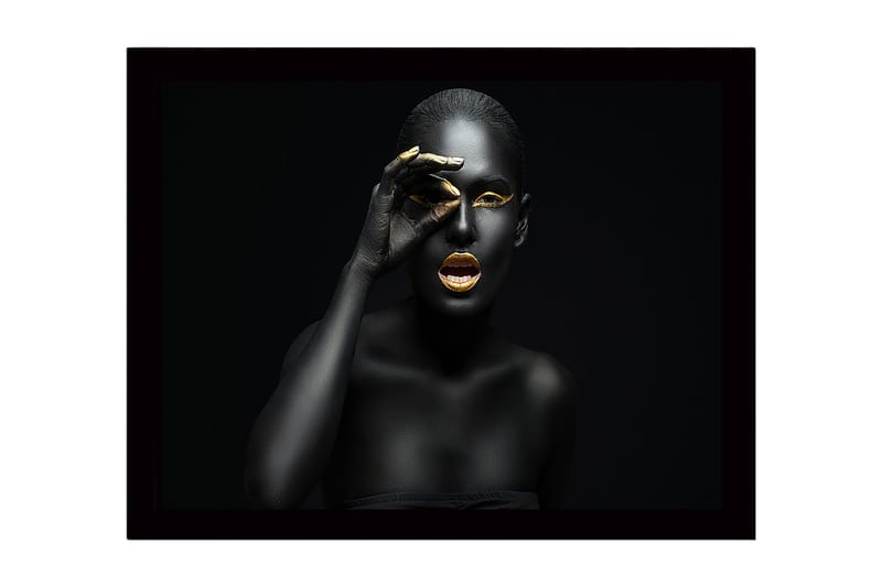 Inramad Canvastavla i trä - 41x56 cm - Porträtt av en kvinna med svart kroppsmålning och guldiga detaljer, Svart / Guld