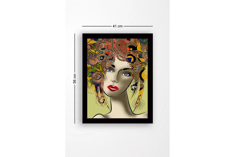 Inramad Canvastavla i trä - 41x56 cm - Porträtt av en kvinna med färgglad frisyr och starka drag - Röd / Gul / Grön - Inredning & dekor - Tavlor & konst