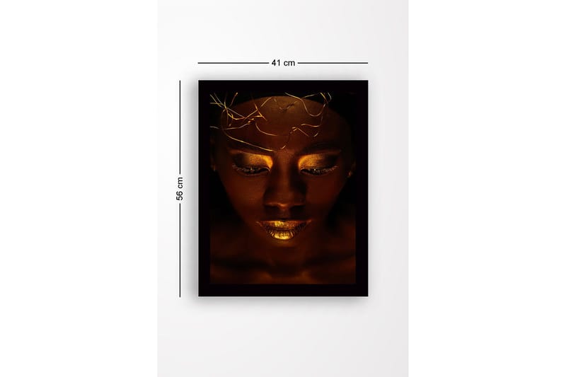 Inramad Canvastavla i trä - 41x56 cm - Porträtt av en kvinna med gyllene detaljer och en mystisk uttryck - Mörkbrun / Guld - Inredning & dekor - Tavlor & konst