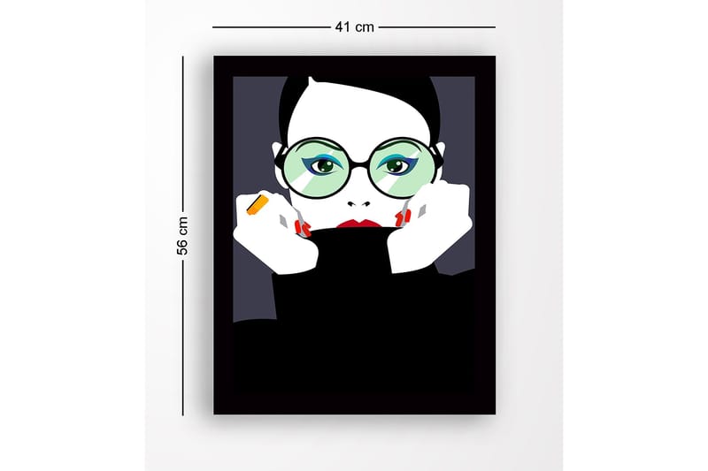 Inramad Canvastavla i trä - 41x56 cm - Porträtt av en kvinna med stora glasögon och röd läppstift - Svart / Vit / Grön - Inredning & dekor - Tavlor & konst