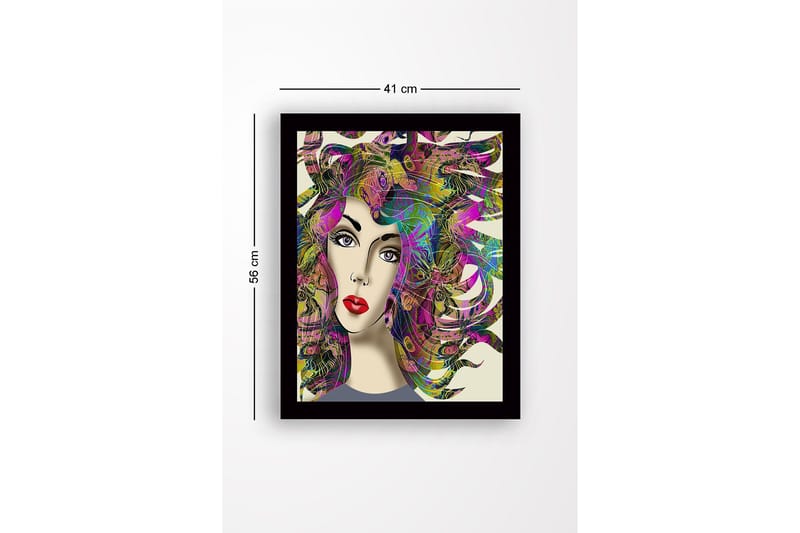 Inramad Canvastavla i trä - 41x56 cm - Porträtt av en kvinna med färgstarka, svallande hårstrån - Lila / Grön / Rosa - Inredning & dekor - Tavlor & konst