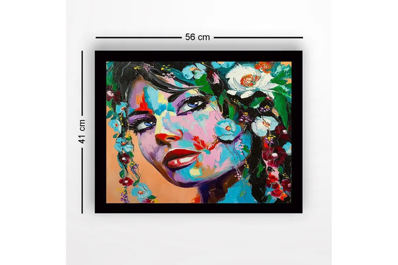 Inramad Canvastavla i trä - 41x56 cm - Porträtt av en kvinna med blomsterdekorationer i håret - Blå / Grön / Röd - Inredning & dekor - Tavlor & konst