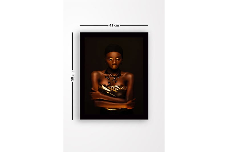 Inramad Canvastavla i trä - 41x56 cm - Porträtt av en kvinna med guldiga detaljer och en elegant pose - Guld / Mörkbrun / Svart - Inredning & dekor - Tavlor & konst